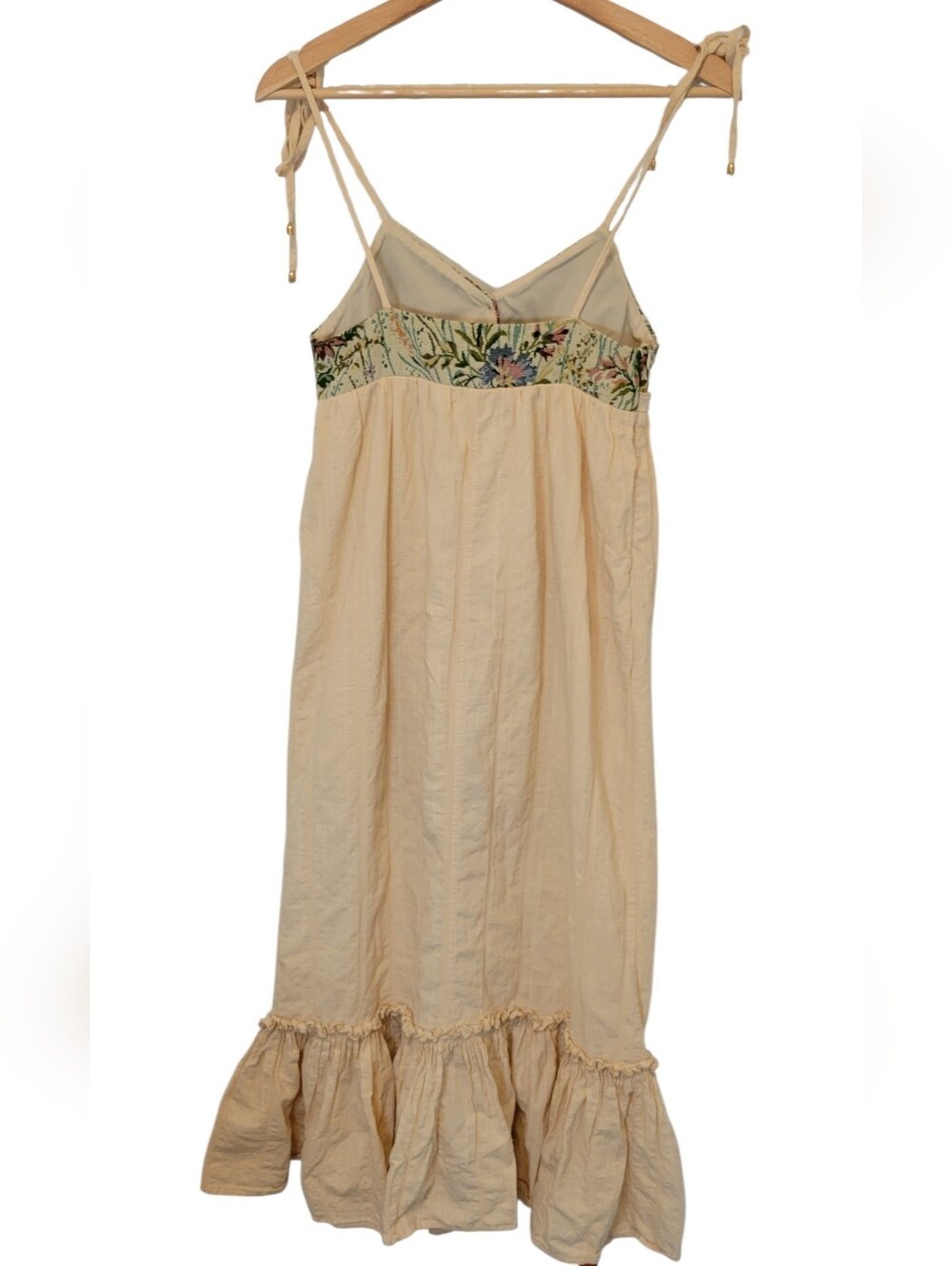 Cider XXS Beige Cottagecore Midi Dress Floral Tapestry Tie Strap 100% Cotton - Picture 3 of 9
